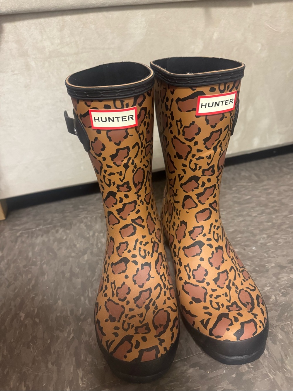 Hunter Leopard-Print Rain Boots in Tan and Black